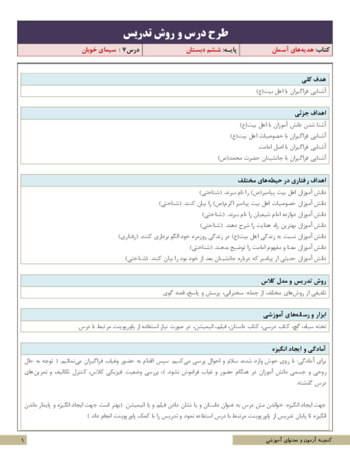 طرح درس و روش تدریس هدیه های آسمان ششم دبستان | درس 7: سیمای خوبان