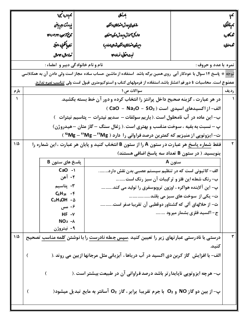 آزمون پایانی شیمی (1) دهم دبیرستان استعدادهای درخشان اژه ای (صارمیه) | خرداد 1401