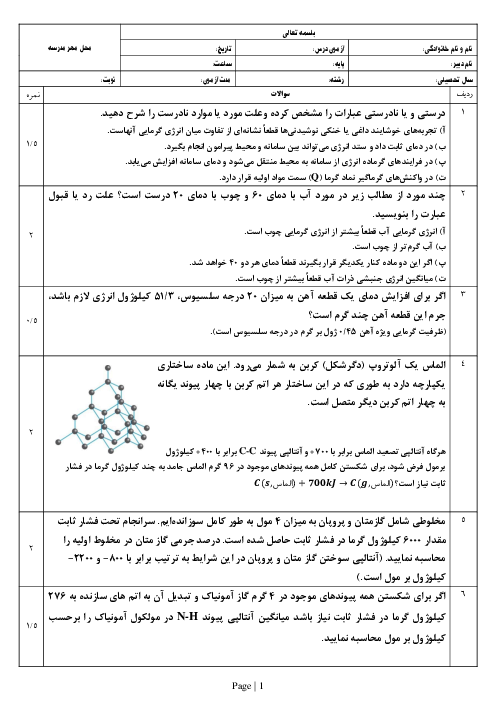 60 نمونه سوال پرتکرار و احتمالی از فصل 1 و 2 شیمی پایه یازدهم تا ص.63