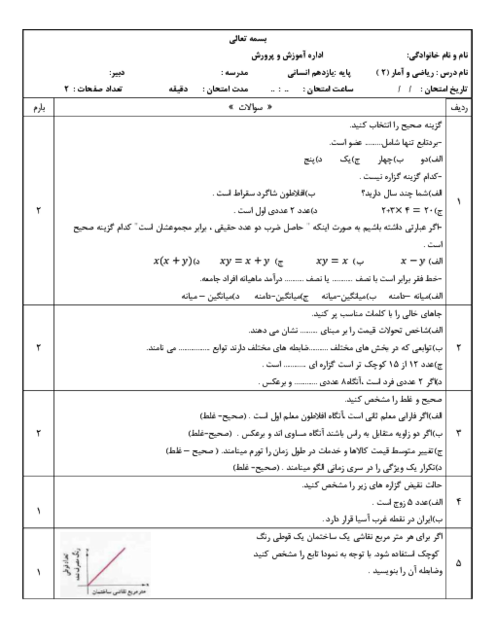 سوالات شهریور 1404 ریاضی و آمار یازدهم انسانی دبیرستان شهید برزگر