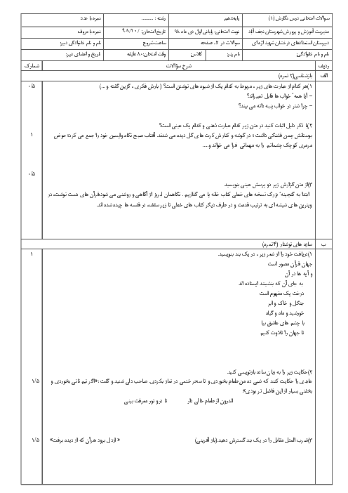 آزمون نوبت اول نگارش (1) دهم دبیرستان شهید اژه ای نجف آباد | دی 98