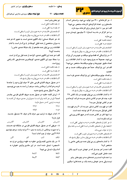 آزمون شبیه ساز تیزهوشان ورودی ششم به هفتم سال 1404 (سری 22)