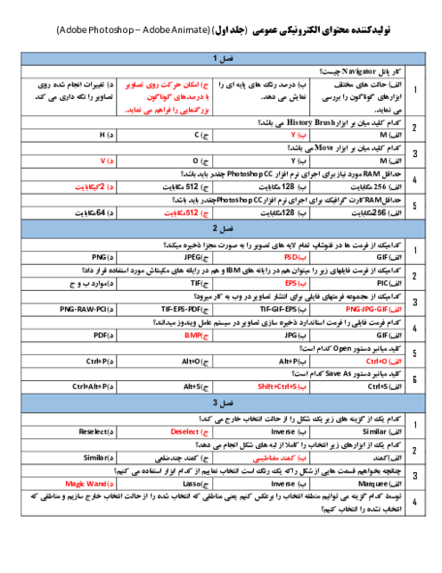 پاسخ سوالات تستی آخر فصل تولیدکننده محتوای الکترونیکی عمومی | جلد اول (Adobe Photoshop – Adobe Animate)