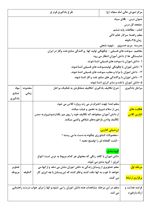 سناریوی تدریس مطالعات اجتماعی کلاس ششم ابتدائی | درس 7: طلای سیاه