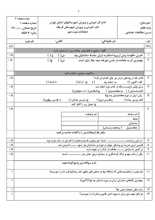 آزمون نوبت دوم مطالعات اجتماعی هفتم دبیرستان انصارالمهدی قرچک | خرداد 1396