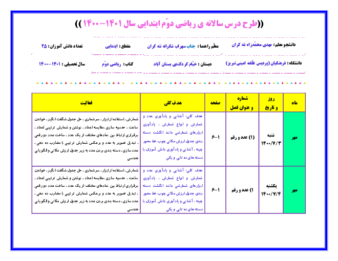 طرح درس سالانه‌ی ریاضی دوم دبستان | فصل 1 تا 8