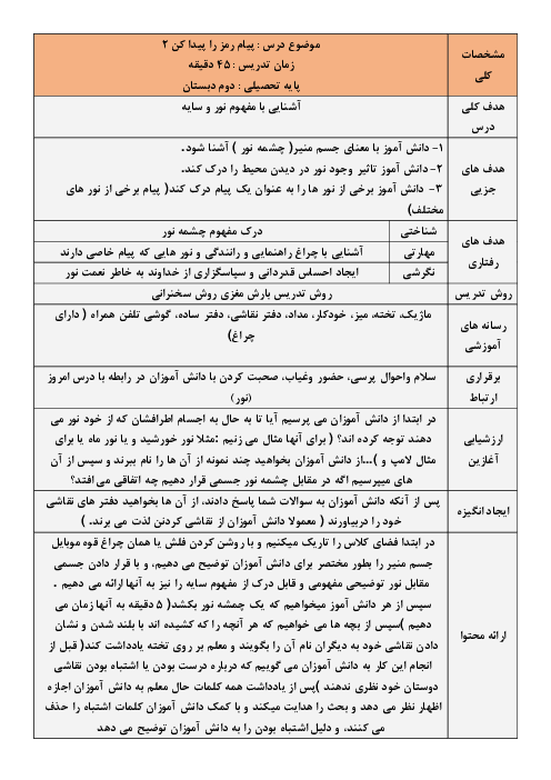 طرح درس روزانه علوم تجربی دوم دبستان | درس 6: پیام رمز را پیدا کن (2)