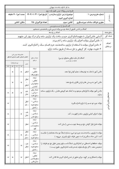 طرح درس علوم پایه سوم | درس 3: اندازه گیری مواد