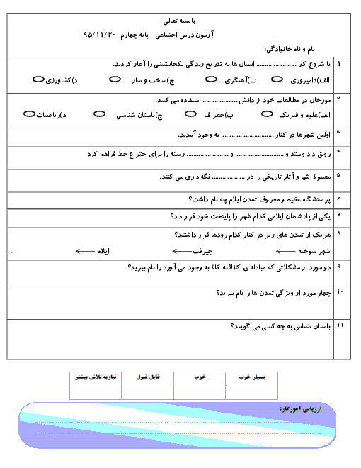 ارزشیابی مستمر مطالعات اجتماعی چهارم دبستان | فصل سوم: پیدایش شهر و روستا