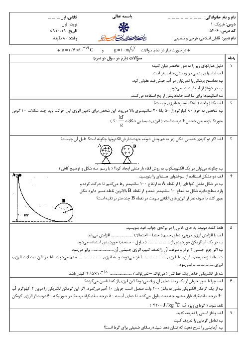 سوالات نوبت اول امتحان فیزیک 1| استعدادهای درخشان شهید صدوقی یزد  1389