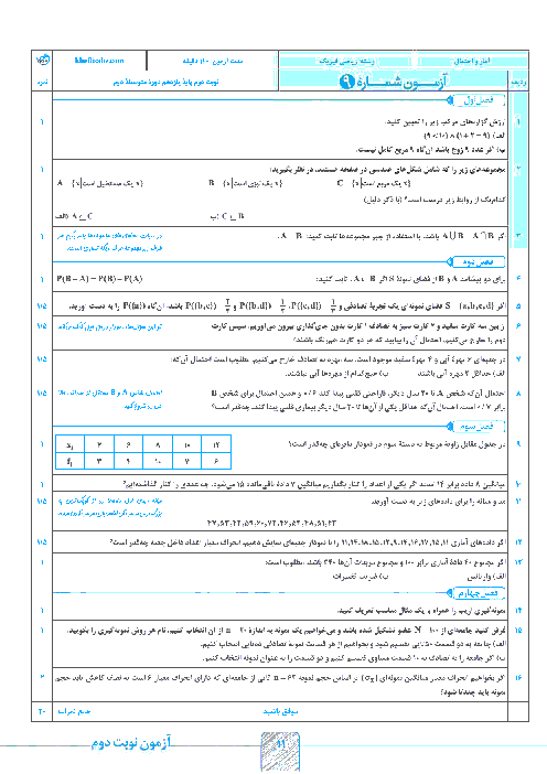 سوالات پیشنهادی امتحان نوبت دوم آمار و احتمال پایه یازدهم رشته ریاضی با پاسخ تشریحی | نمونه 3