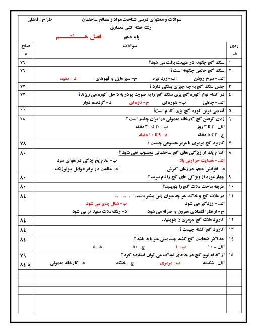 سؤالات آزمون شناخت مواد و مصالح دهم هنرستان امام علی (ع) | فصل 8: گچ