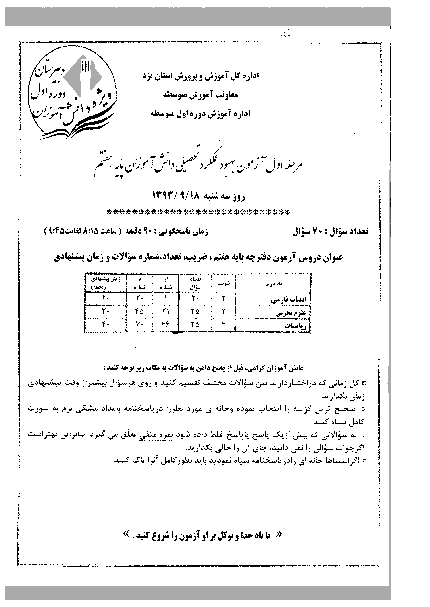 سوالات مرحله اول  آزمون بهبود عملکرد پایه هفتم استان یزد | آذر 93 