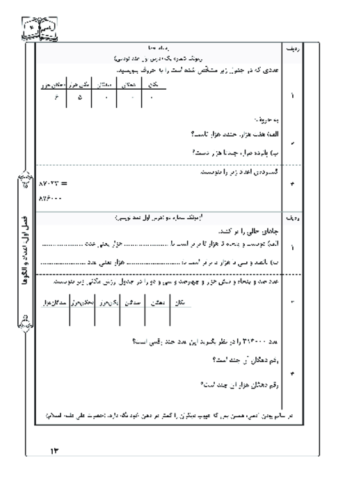 آزمونک درس اول فصل اول ریاضی چهارم