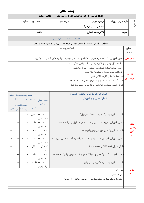 طرح درس ملی روزانه درس معادله و مسائل توصیفی