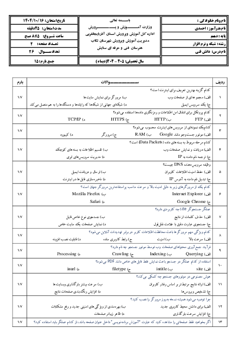 سوالات تستی پودمان دوم کتاب دانش فنی رشته کامپیوتر؛ اینترنت و رایانش ابری