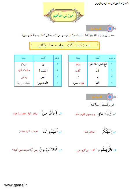 پاسخ فعالیت و انس با قرآن در خانه آموزش قرآن هفتم| جلسه دوم درس 2: سوره هود 