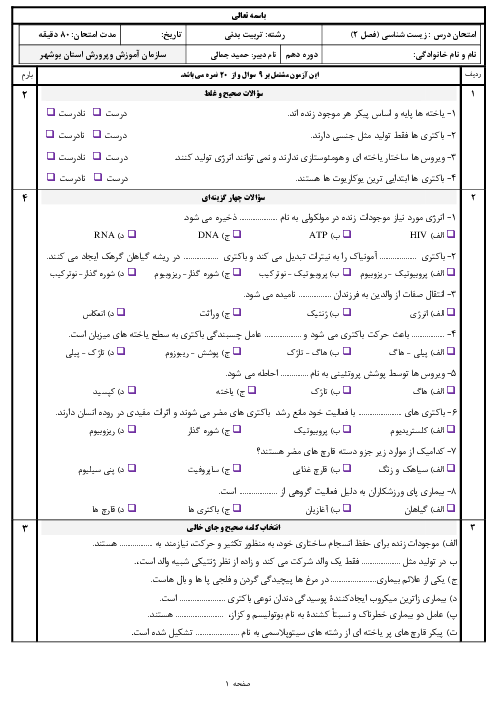 سوالات امتحان تئوری زیست شناسی فنی دهم هنرستان | پودمان 2: موجودات زنده