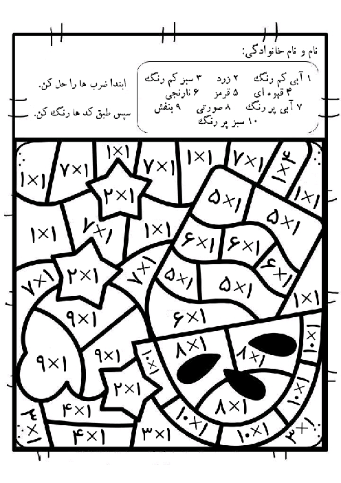 کاربرگ های ضرب اعداد 1 تا 10 با رنگ آمیزی