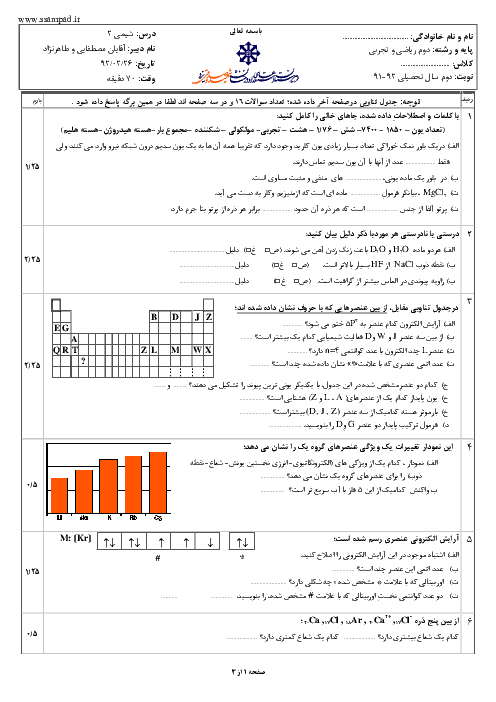 امتحان شیمی (2) دوم دبیرستان خرداد 1392 | دبیرستان شهید صدوقی یزد