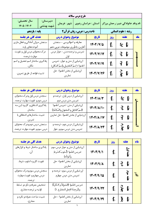 طرح درس سالانه عربی پایه یازدهم انسانی سال تحصیلی 1405-1404
