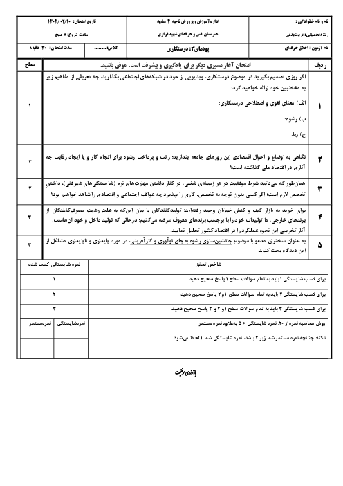 ارزشیابی شایستگی محور پودمان 3 اخلاق حرفه‌ای؛ درستکاری