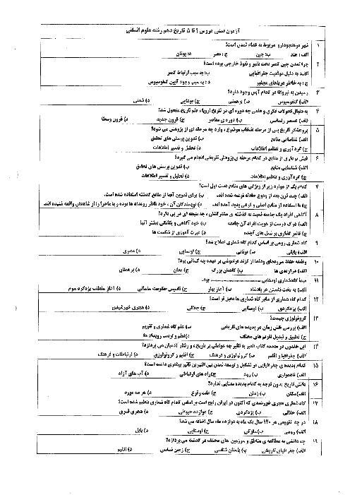 آزمون تستی  تاریخ (1) انسانی دهم دبیرستان حضرت علی بن ابیطالب | درس 1 تا 5