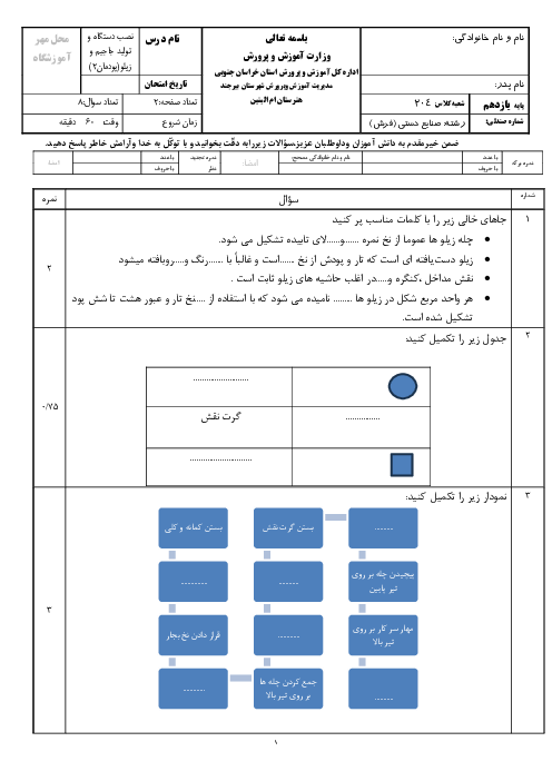 نمونه سوال امتحانی پودمان 2: بافت زیلو