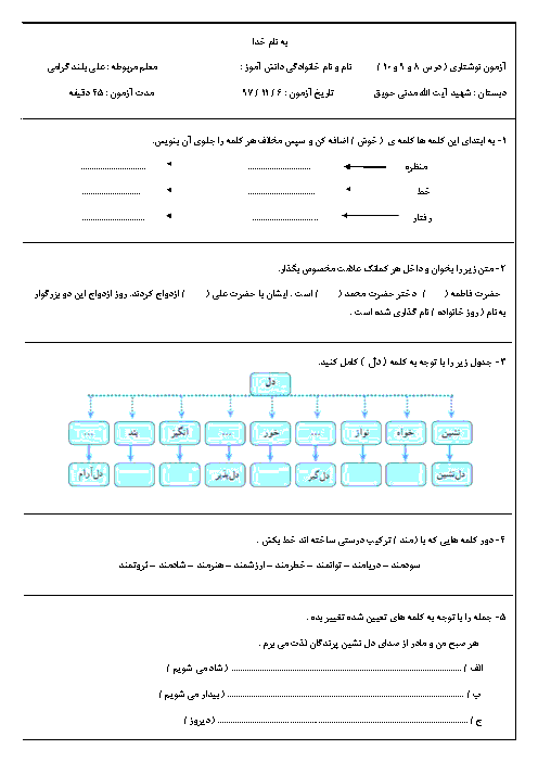 آزمون مداد کاغذی نگارش سوم دبستان شهید آیت الله مدنی | درس 8 تا 10