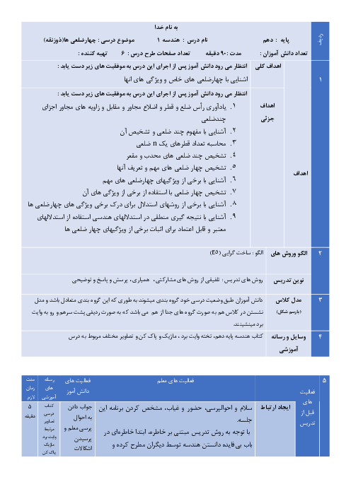 طرح درس روزانه هندسه دهم با روش تدریس 5E | چهارضلعی‌های خاص و ویژگی‌های آنها