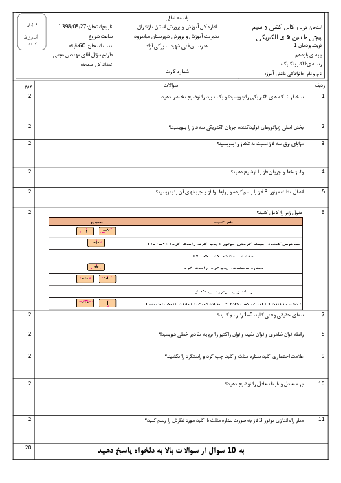 امتحان کابل کشی و سیم پیچی ماشین های الکتریکی یازدهم هنرستان فنی شهید سورکی آزاد | پودمان 1: شبکه برق و مصرف کننده‌های سه فاز