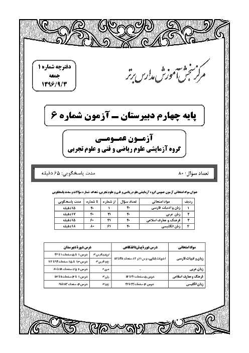 آزمون عمومی و اختصاصی دانش آموزان رشتۀ ریاضی و فیزیک چهارم دبیرستان (مرکز آزمون مدارس برتر ایران) | 3 آذر ماه 96