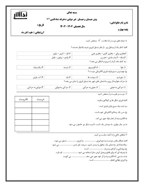 ارزشیابی دروس 1 تا 4 علوم چهارم دبستان نداء النبی