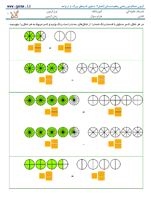 تمرین مهارتی ریاضی پنجم دبستان | فصل2: تساوی کسرهای بزرگ تر از واحد