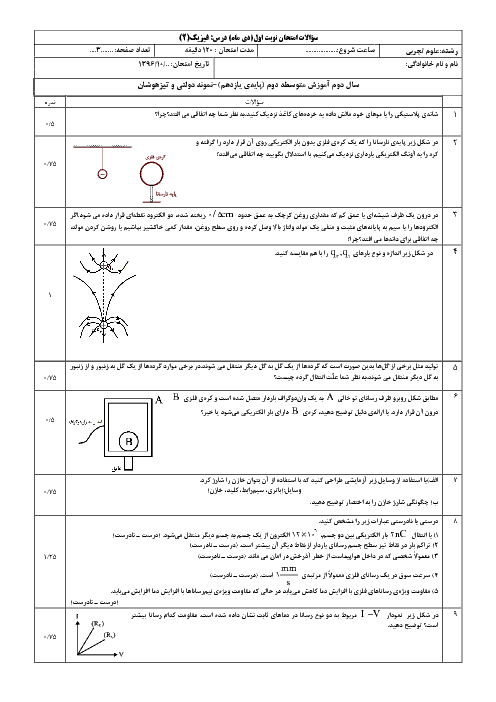 نمونه سوال امتحان نوبت اول فیزیک (2) یازدهم تجربی | دی 96