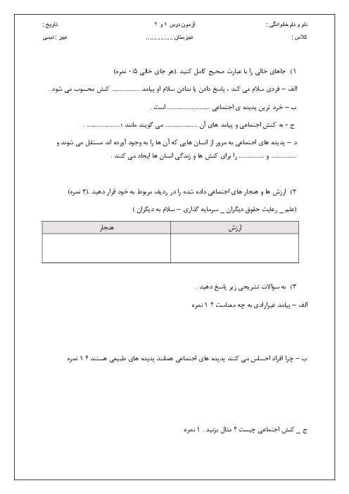 آزمون درس 1 و 2 جامعه شناسی دهم دبیرستان نمونه پژوهشگران