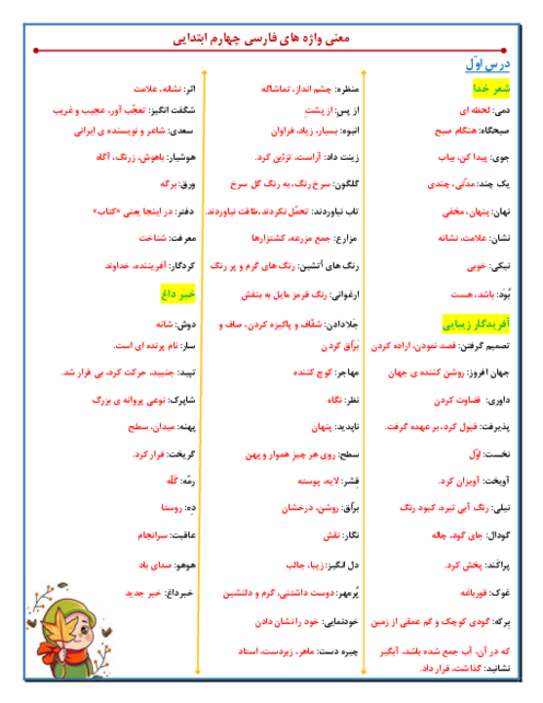 معنی واژه های کتاب فارسی چهارم ابتدایی به ترتیب سطرها