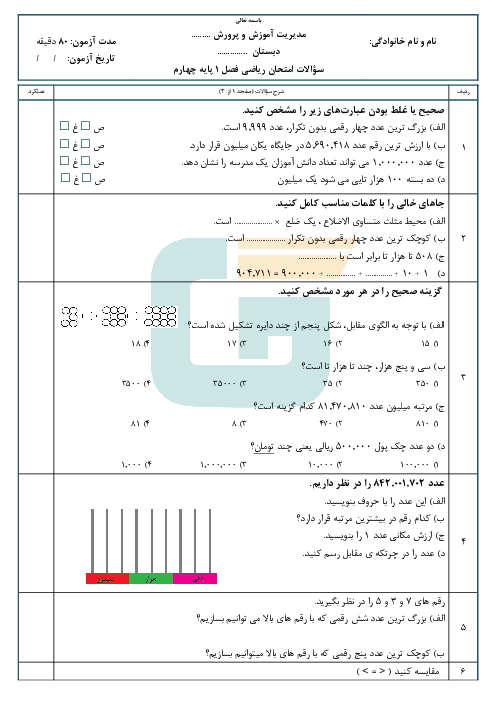 آزمونک مداد کاغذی ریاضی چهارم دبستان امام جواد | فصل 1: (اعداد و الگوها) 