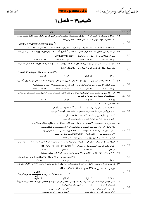 سوالات طبقه بندی شده شیمی (3) در کنکورهای سراسری با پاسخ تشریحی | سال 85 تا 93