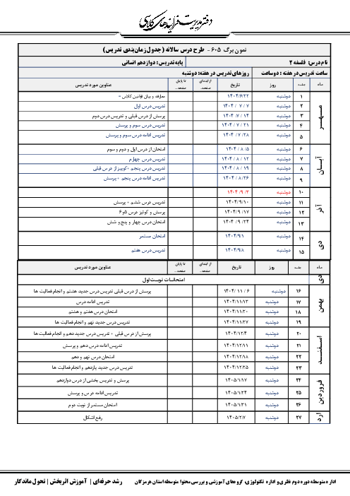 طرح درس سالانه فلسفه دوازدهم (جدول زمان‌بندی تدریس سال تحصیلی 1405-1404)