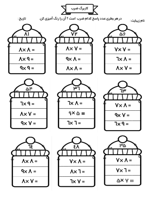 کاربرگ رنگ آمیزی ضرب عددهای یک رقمی