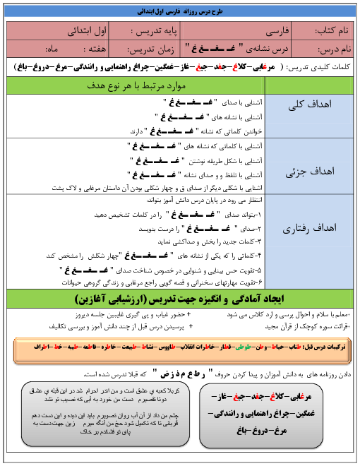 طرح درس روزانه فارسی اول دبستان | درس 21:  لاک‌پشت و مرغابی‌ها ”غـ ـغـ ـغ غ“