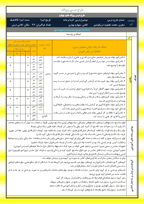 طرح درس روزانه درس 5 علوم چهارم | گرما و ماده