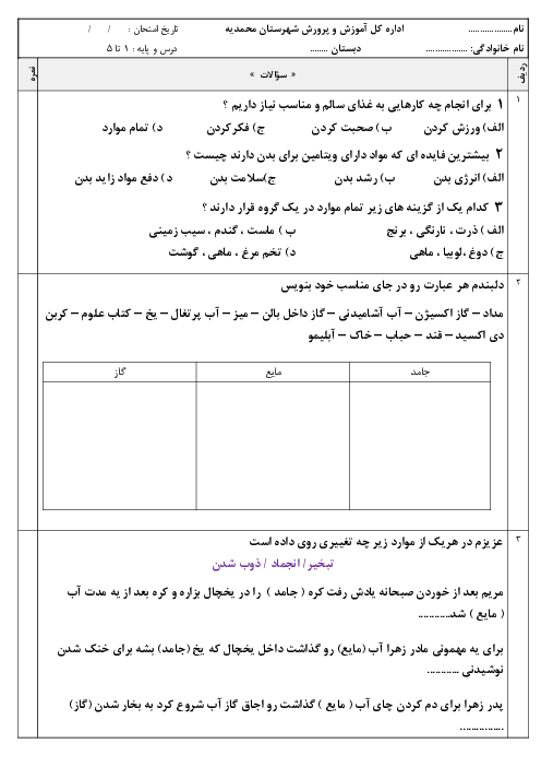 ارزشیابی مداد و کاغذی علوم تجربی سوم دبستان فرزانگان | درس 1 تا 5