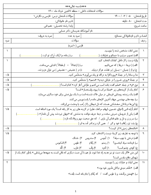 سوالات آزمون نوبت دوم فارسی و نگارش (1) دهم هنرستان کاردانش دکتر حسابی | خرداد 1400