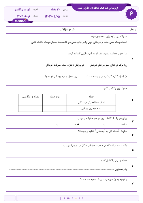 سوالات امتحان هماهنگ انشا نگارش ششم شهرستان کاشان | خرداد 1403