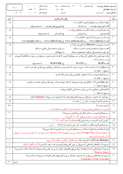 آزمون نوبت دوم کاربر اندروید دهم هنرستان کاردانش ابن سینا | خرداد 1398 + پاسخ