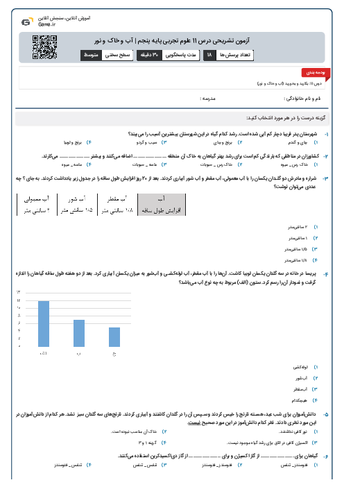 آزمون تشریحی درس 11 علوم تجربی پایه پنجم | آب و خاک و نور