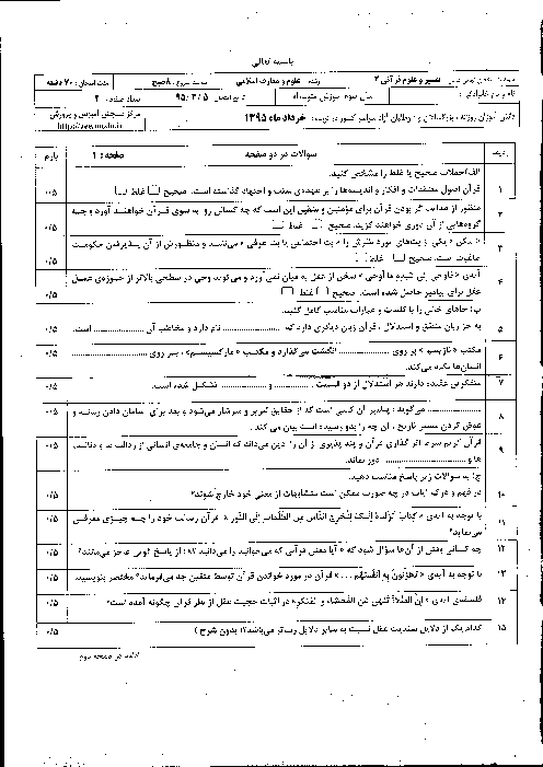 سوالات و پاسخ تشریحی امتحان نهایی درس تفسیر و علوم قرآنی (2) سوم دبیرستان | خرداد ماه 1395