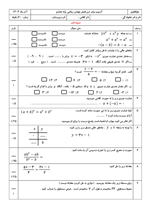 نمونه سوالات فصل 4 ریاضی هشتم با پاسخنامه؛ جبر و معادله